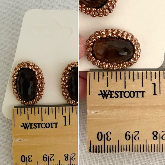 Oval Smoky Quartz set in Gold over 925 Sterling silver Earrings - Picture 4 of 7